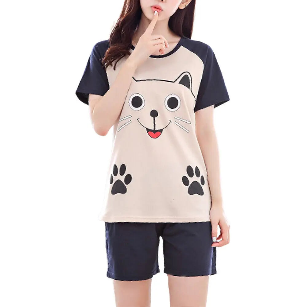 2 Pieces Set Summer Pyjamas Women's Cute Cartoon Nightwear Ladies Sleepwear Suit Short Sleeved Oversized Round Neck Sleepwear Viralgem Store