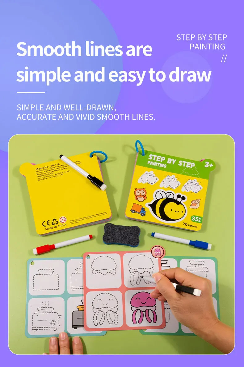 70 Patterns Step-By-Step Learning Simple Drawing Card Book, Reusable Graffiti Set, Cartoon Educational Line Drawing Introductory Enlightenment, Kindergarten Art Activity Teaching Aids, Drawing Skills and Pen Control Training