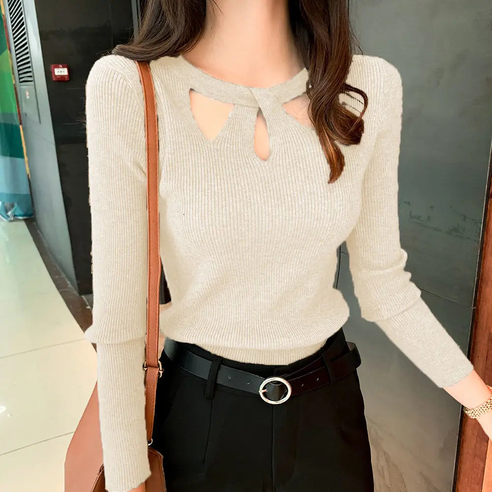 Women's O-neck Stretch Sexy Pullover Lady 2024 Autumn Winter Hollow Solid Color Sweater Slim Bottoming Shirt Jumper Sueter Viralgem Store