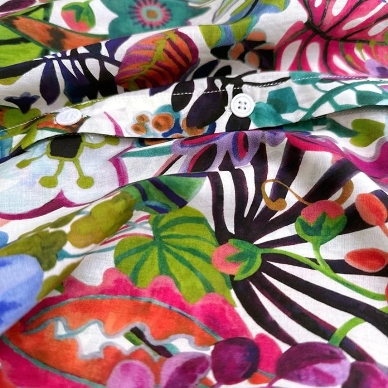 Spring Summer New Women's Polo Neck Plant&Flowers Printed Blouses Commute All-match Straight Long Sleeve Single-breasted Shirts Viralgem Store