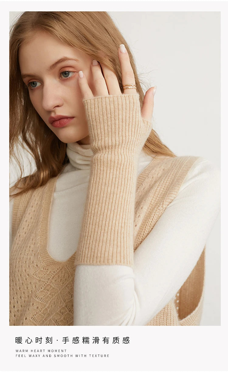 Winter Women 100% Cashmere Long Mitts 25cm Fine Knitted Fingerless Gloves Y2k Thermal Gloves Semi Finger Lengthen Arm Warmers Viralgem Store