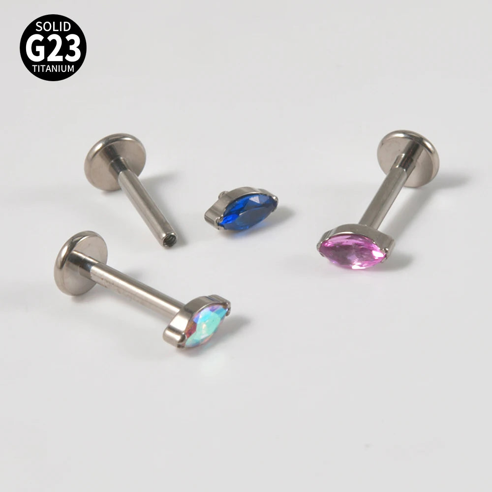 1PC ASTM F136 Titanium Marquise Labret CZ Zircon Ear Tragus Cartilage Flat Back Earring Piercing Internally Thread Body Jewelry