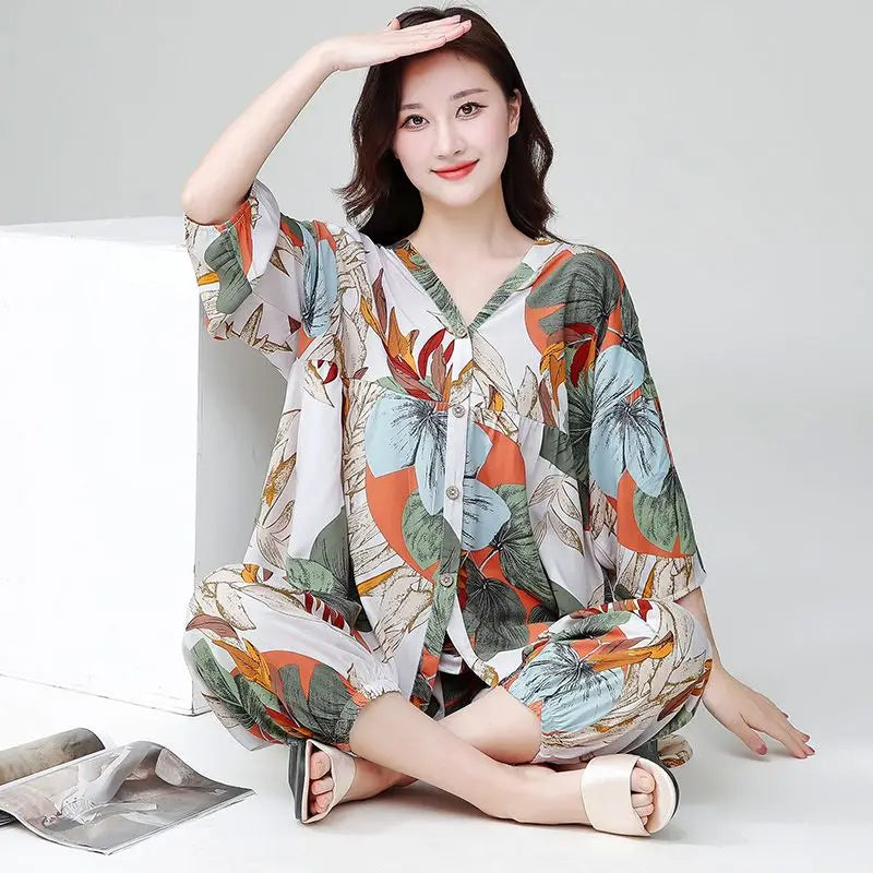 2023 New Cotton Silk Summer Pajamas Suit Plus Size Loose Ladies Home Clothes Two-piece Casual Style Thin
