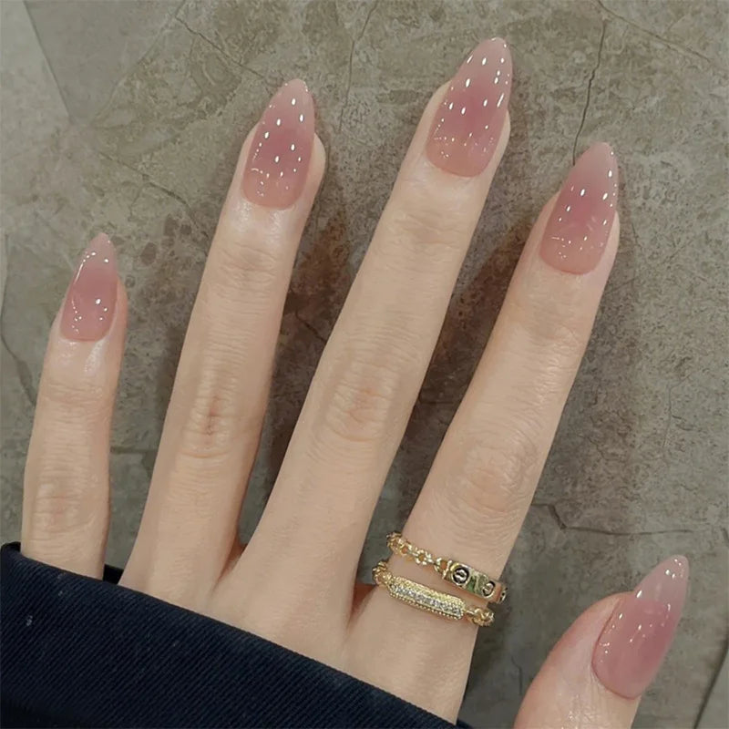 24Pcs Metallic Cat Eye French Sheer Manicure Tip Art Textured 3D Acrylic False Nails Nude Pink Almond Medium Press on Fake Nails