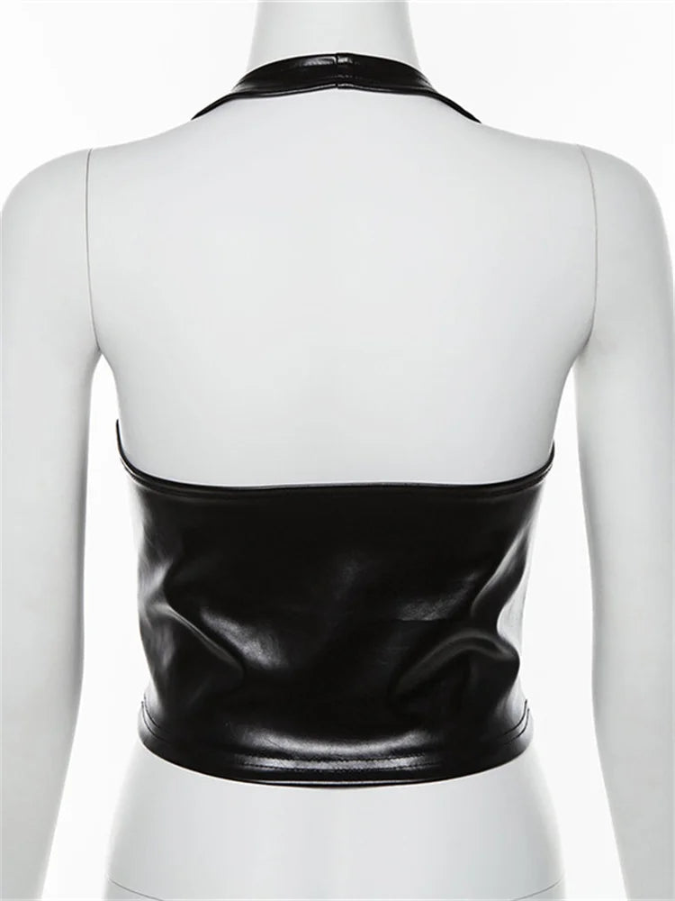 Y2K Crop Top Women Summer Black Leather Banadage Hollow Punk Style Tank Tops Vest Fashion Backless Club Party Wear Viralgem Store