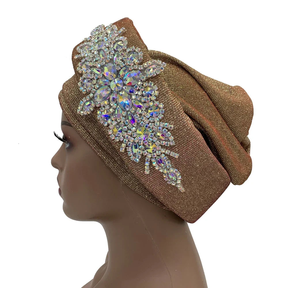 African Wrap Head Headgear Nigeria Auto Gele Headtie Turbante Mujer Luxury Rhinestone Turban Hat for Women Glitter