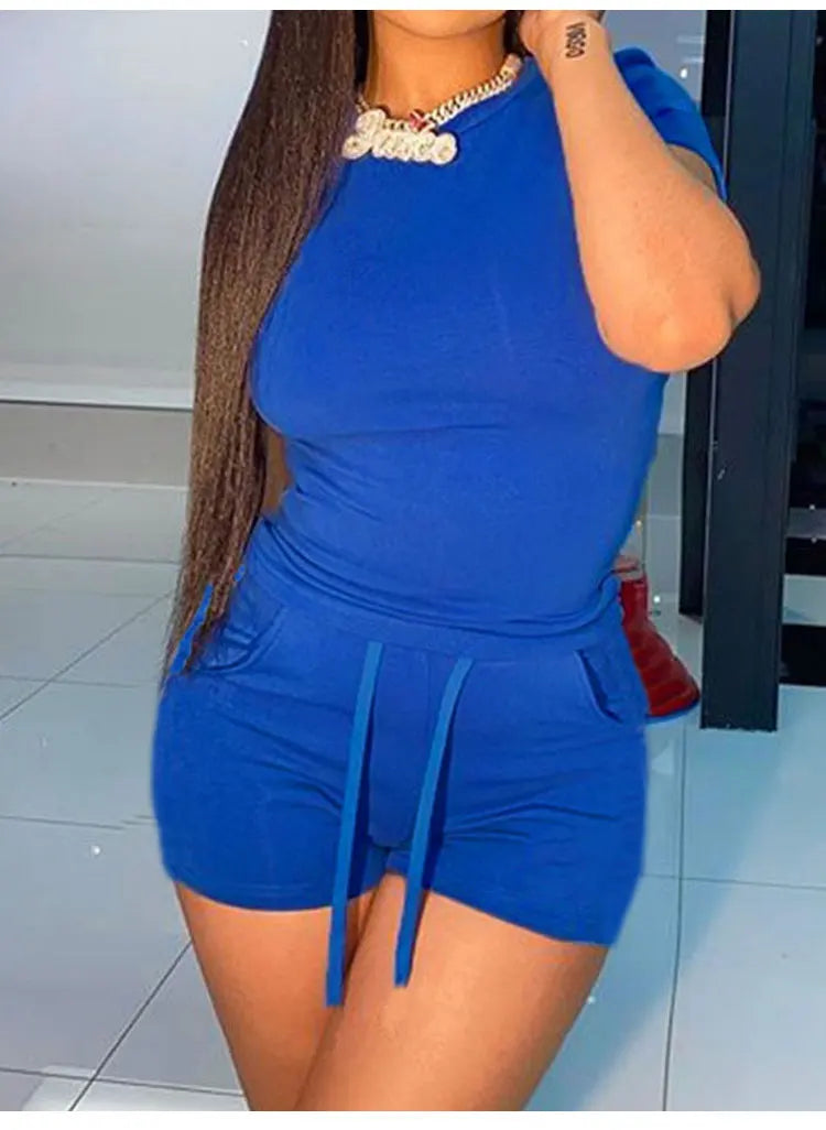 Summer Solid Color Casual Retro Suit Women's Short-sleeve T-shirt Top&High Waist Drawstring Shorts Two-piece Set