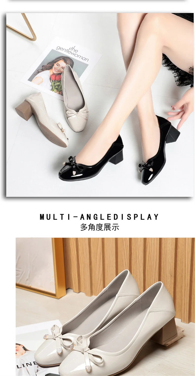 Spring New Comfort Soft Bottom Round Toe Solid Ballet Shoes Low Heel Bow Pumps Low Top Flat Patent Leather Single Shoes Viralgem Store
