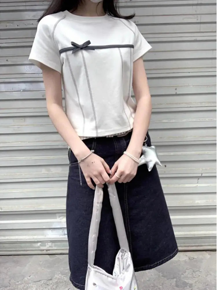 Yedinas High Quality Cotton T Shirt Women Clothes Korean Fashion Summer Tops Short Sleeve Bow Bright Line Decoration Tees Y2k