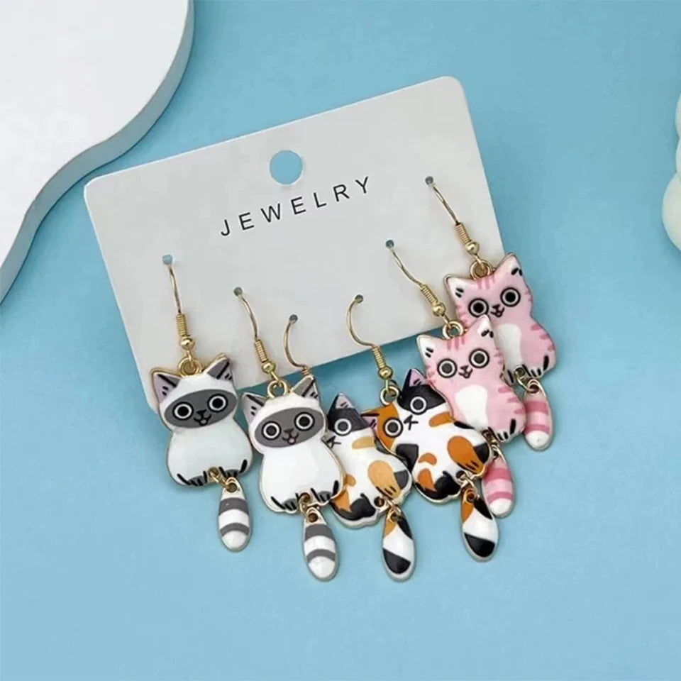 3 Pairs New Fun and Cute Enamel Alloy Hanging Tail Cat Dangle Earrings Colored Cat Ear Jewelry Set Lovely Gift For Women Girls Viralgem Store