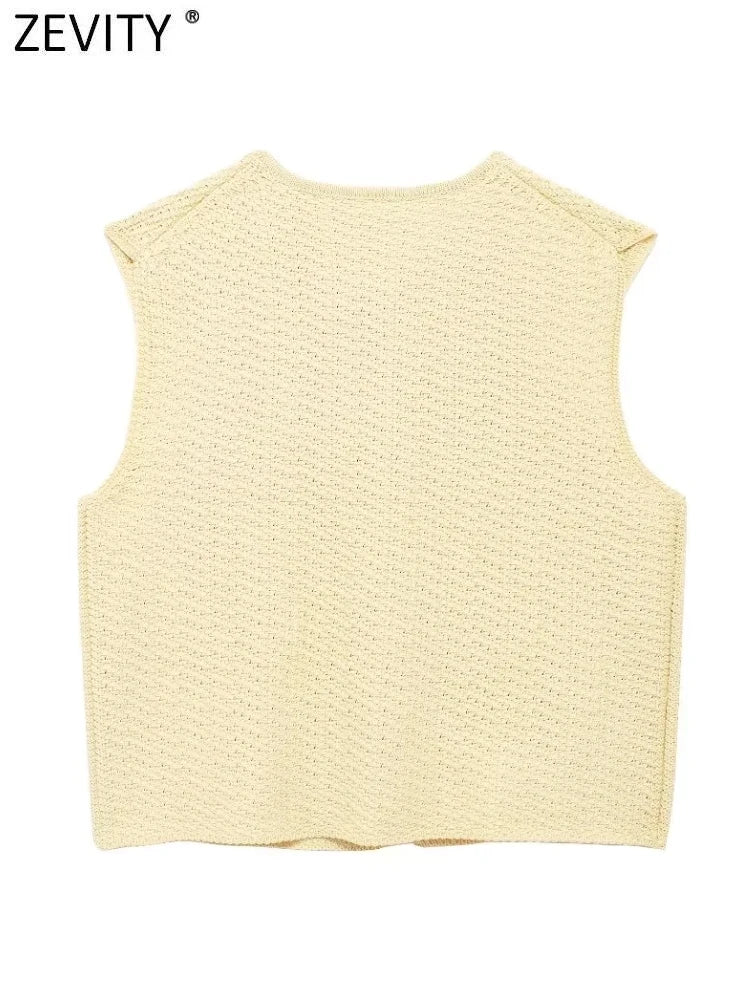 Zevity Women Euro Style V Neck Solid Sleeveless Bow Short Vest Jacket Ladies Retro Knitting Cardigan Slim WaistCoat Tops CT6203 Viralgem Store
