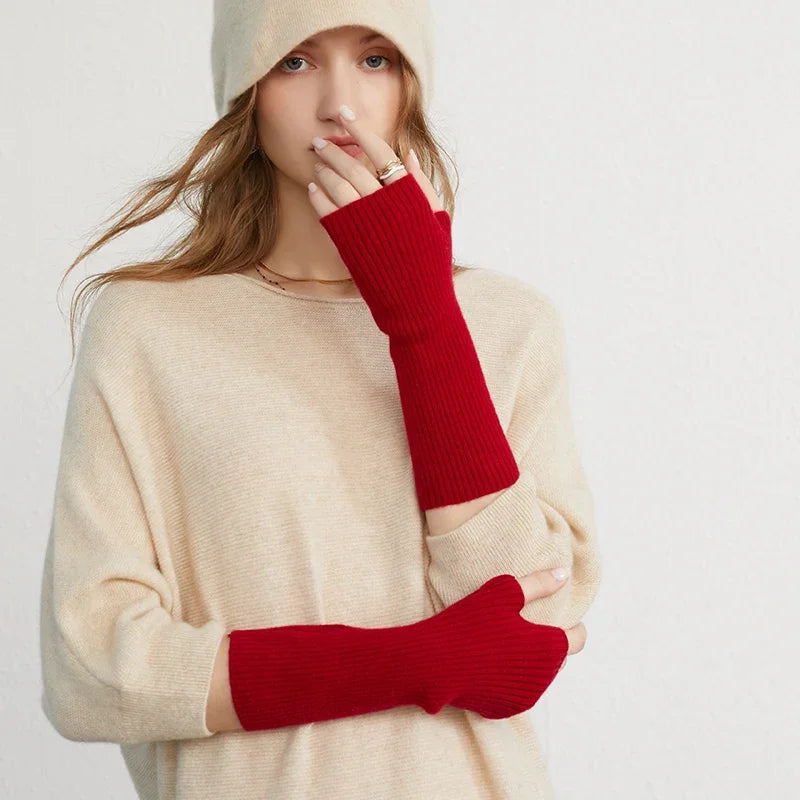 Winter Women 100% Cashmere Long Mitts 25cm Fine Knitted Fingerless Gloves Y2k Thermal Gloves Semi Finger Lengthen Arm Warmers Viralgem Store
