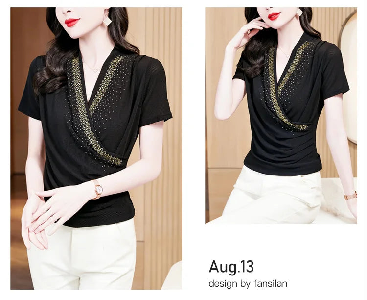 Summer Women's Short Sleeve T-shirt V-neck Korean Version Fashion Tops Female Shinning Ringstones Mesh Slim T Shirt