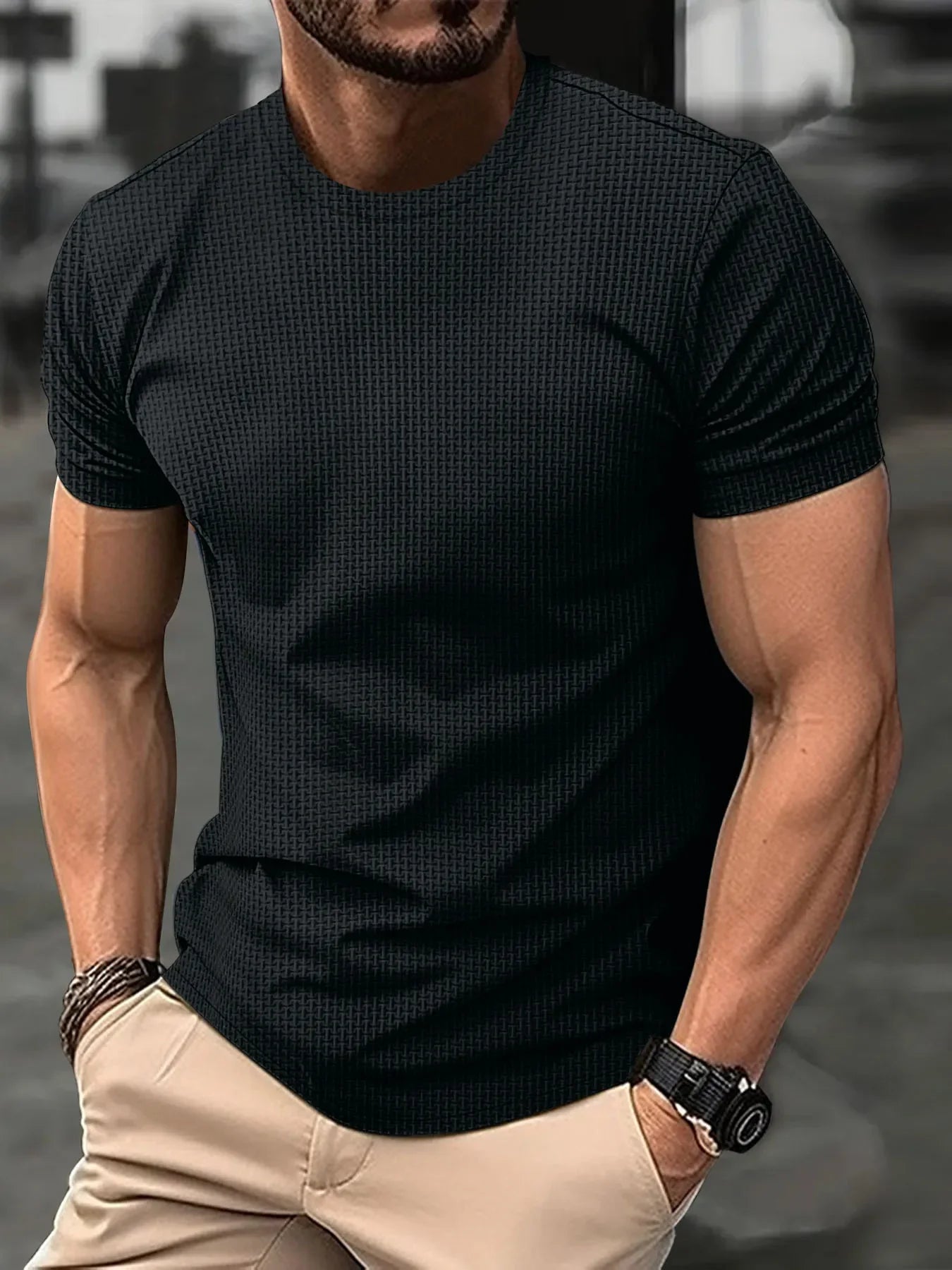 2025 New Summer Men's High-End Mesh Ice Silk Round Neck Short Sleeve Acrylic Anti-Wrinkle Pop Breathable High Street Polo Shirt