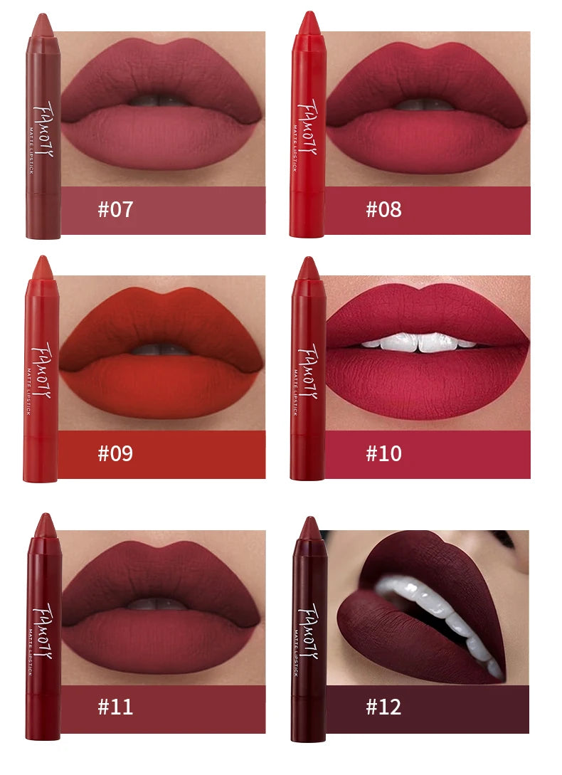 12 Colors Matte Lipstick Pen Waterproof Velvet Nude Lipstick Pencil Sexy Red Brown Pigments Lips Makeup Long Lasting Lip Tint