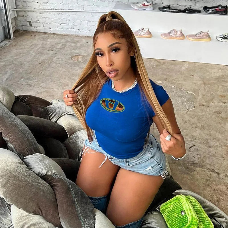 Y2k Top Shirts for Women Fashion Street Spice Girl Slim Show Chest D Embroidery Crop Short Open Umbilical Versatile Top