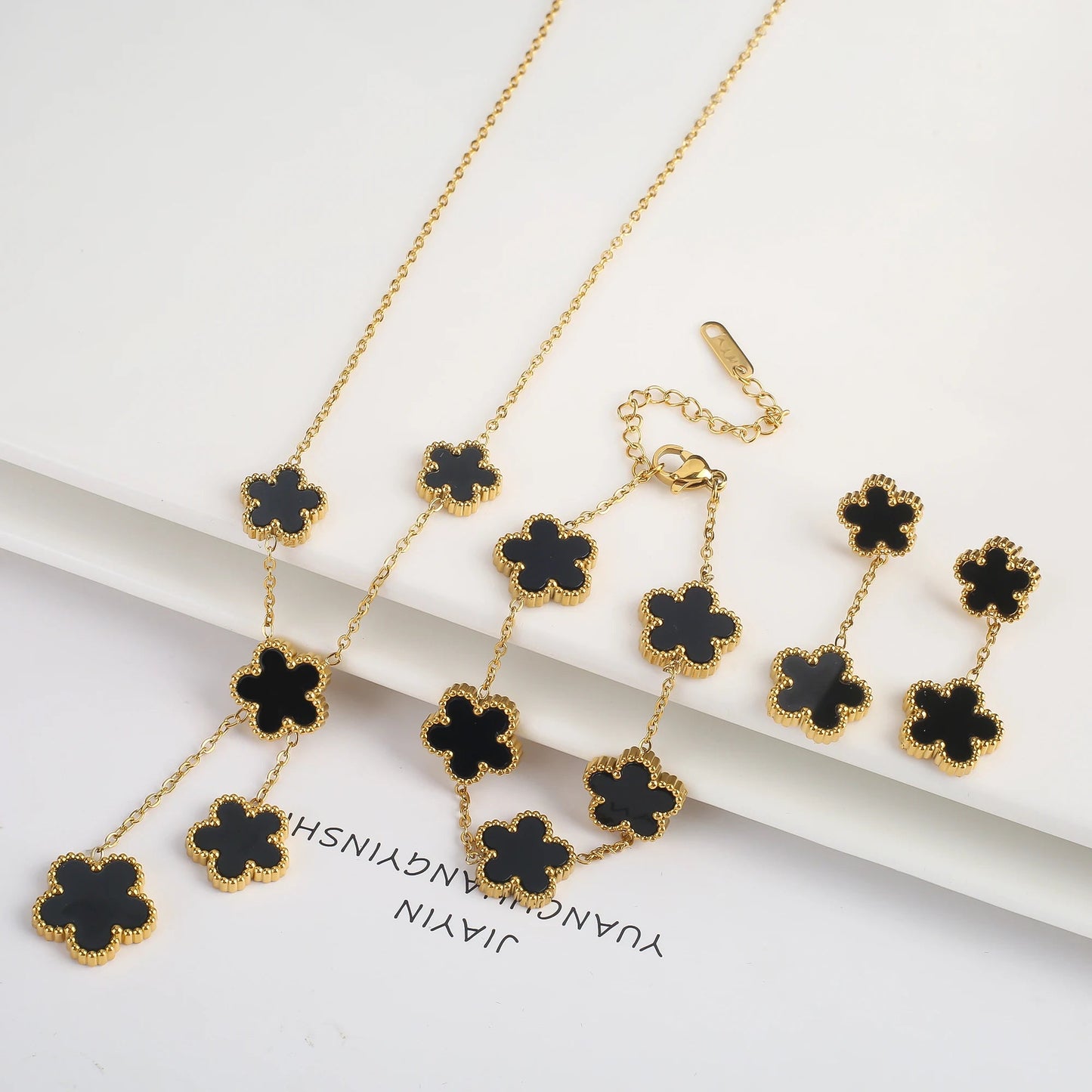 3Pcs 18k Gold-Plated Five-Leaf Flower Necklace Earrings Bracelet Jewelry Set For Woman Fashion Party Jewelry Daily Wear Clover Viralgem Store