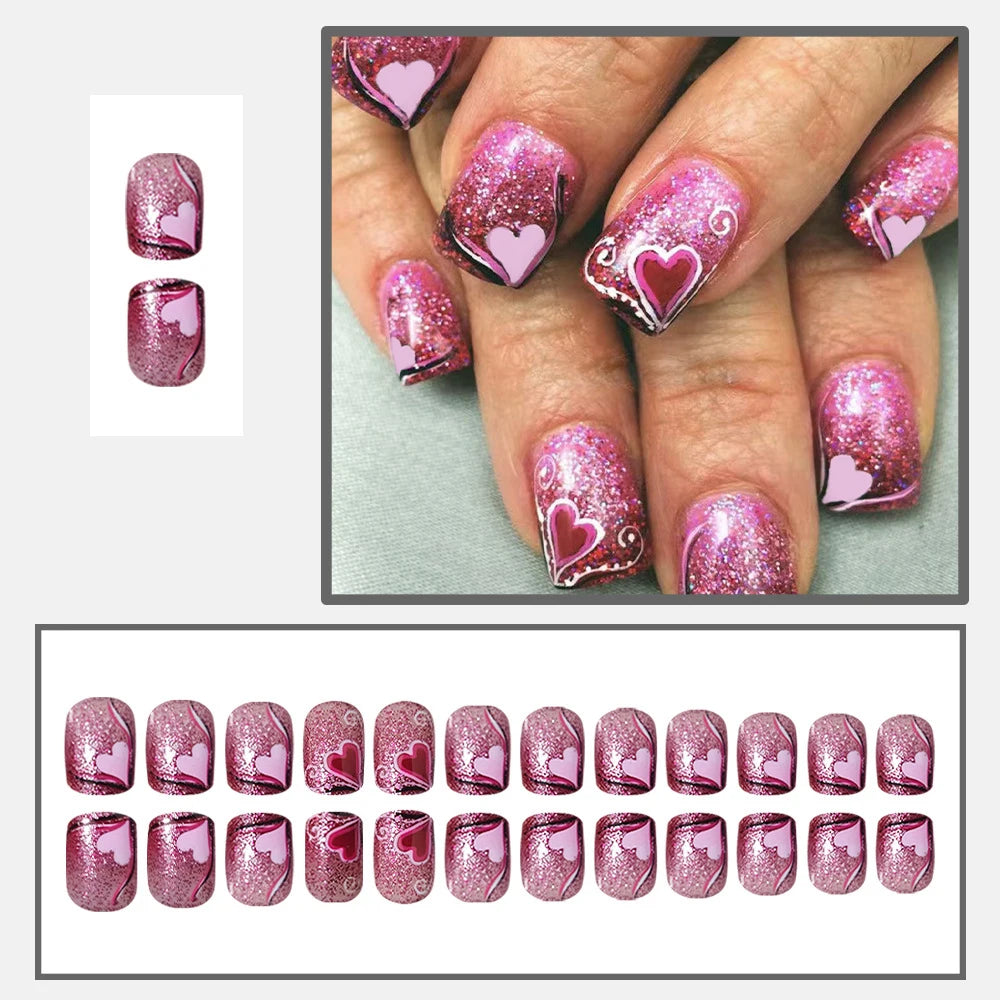 24pcs/set short Medium fake nails square ballet almond nail tips pink beautiful heart for Valentine's Day press on false nails