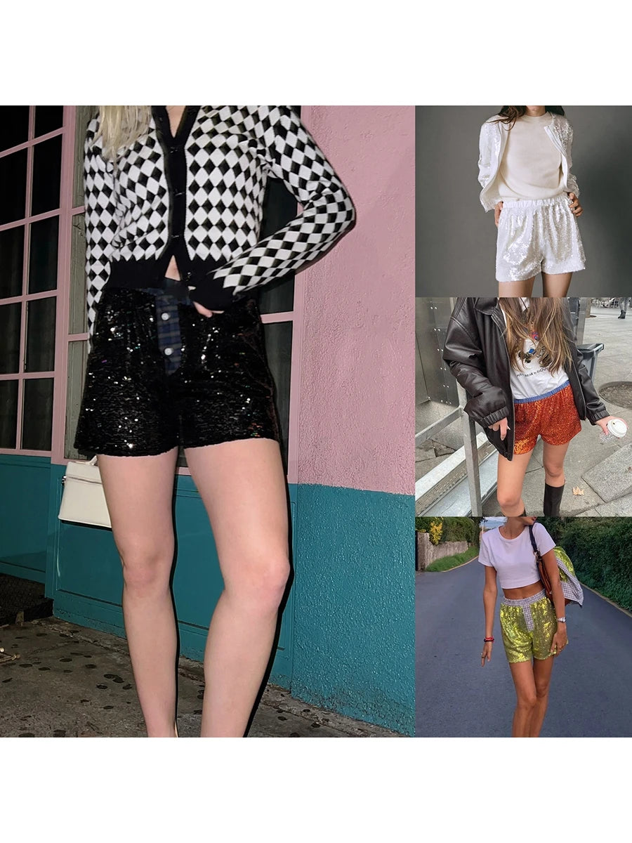Women Mini Sequin Shorts  Sexy Hot Elastic Waist Shiny Shorts Summer Casual Shorts Streetwear for Carnival Party Clubwear