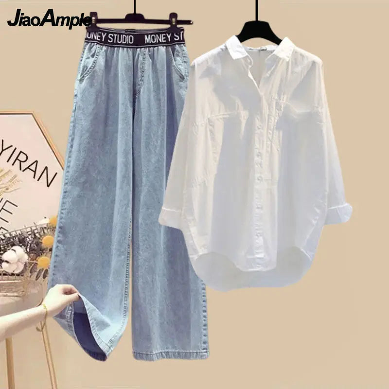 Women Summer New White Sunscreen Shirt Top+Striped Vest+Wide Leg Jeans 3 Piece Suit 2024 Korean Elegant Denim Pants Matching Set Viralgem Store