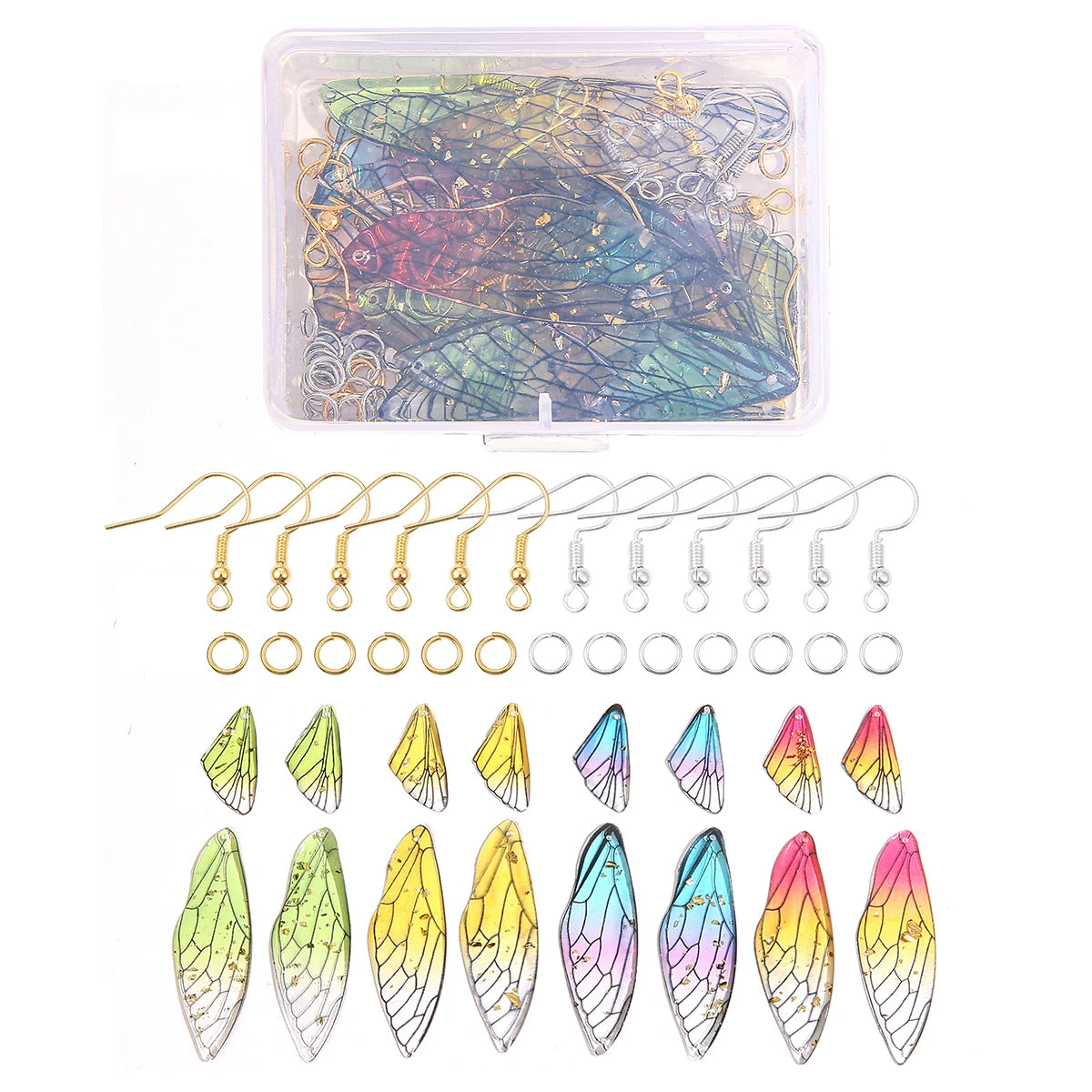 1 Set/Box Mixed Color Resin Drop Glue Size Butterfly Wings Gold Silver Ear Hooks Single Ring Set Box Handmade DIY Making Pendant