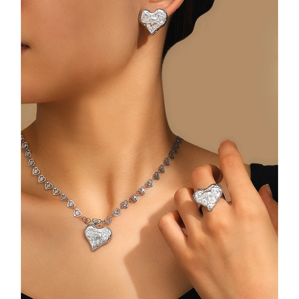Stainless Steel Jewelry Set Earrings Necklace Ring Peach Heart Decoration Open Heart Chain Fine Jewelry Set For Women Jewelry