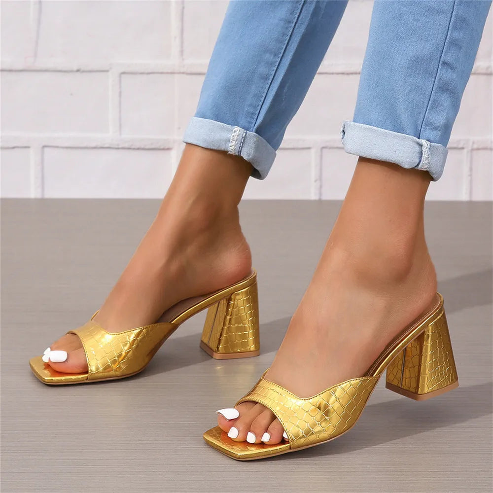 Square Heels Shoes for Women's Sandals High Heels Summer Women Slippers Open Square Toes 2024 Lady Slip-on Fashion Ladies Shoe