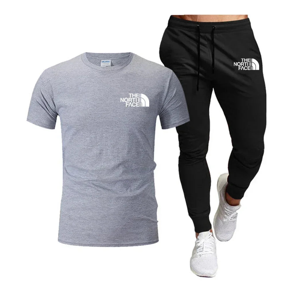 Summer 2025 Men Tops 100% Fashion Cotton Short Sleeve Long Sweatpants Streetwear 2 Piece Sets Men Clothing