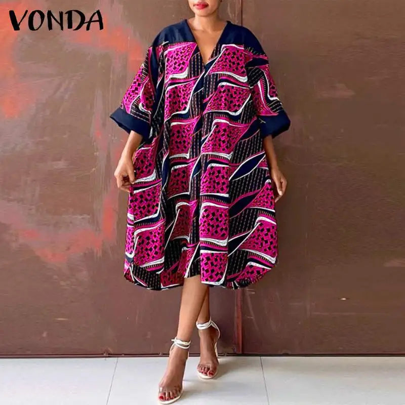 VONDA Oversized Summer Dress 2024 Women V Neck Bohemian Printed Beach Sundress Casual Midi Vestidos 3/4 Sleeve Loose Robe Femme
