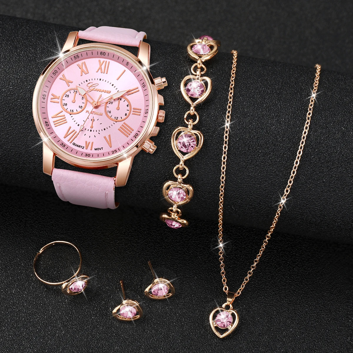5/6PCS Fashion Women's Quartz Watch Leather Band Analog Wrist Watches Heart Rhinestone Jewelry Set(Without Box) Viralgem Store
