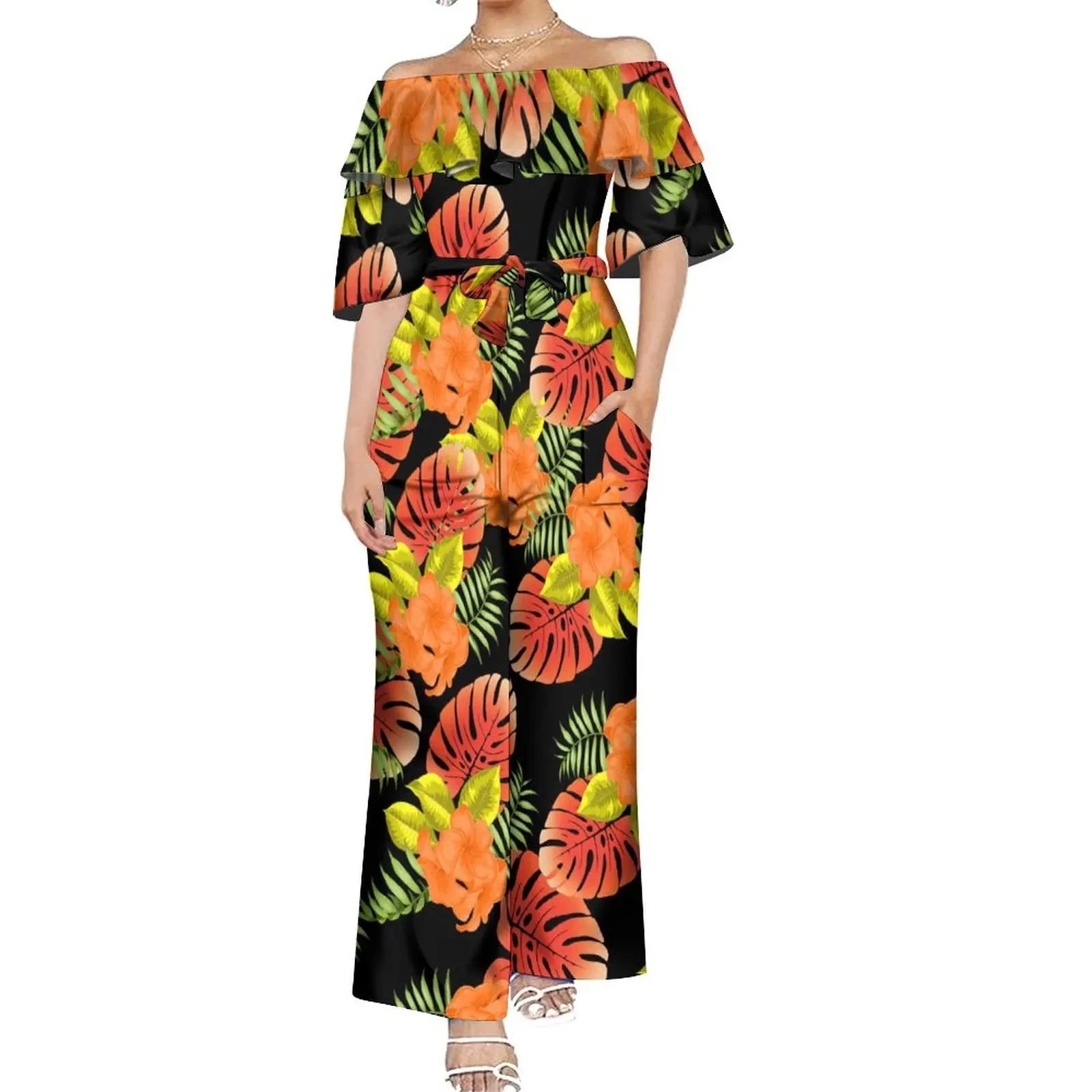 Drop Shipping Custom Polynesian Off Shoulder Frill Women One Piece Rompers Lace Up Oversized Jumpsuit With Belts Viralgem Store