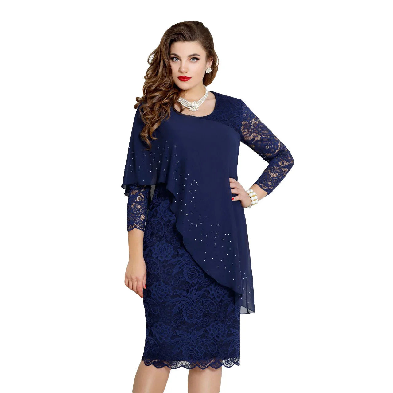 Women's Plus Size New Year Knitted Dresses 2022 Mesh Lace Long Sleeve Stitching Luxury Evening Fake Two-piece Chiffon Dress 90s