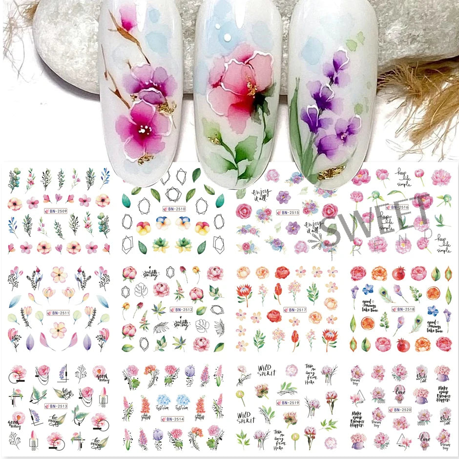 12 Design Floral Nail Art Stickers Water Decals Transfer Summer Painting Flower Leaf Rose Manicure Decoration Nail Sliders Wraps