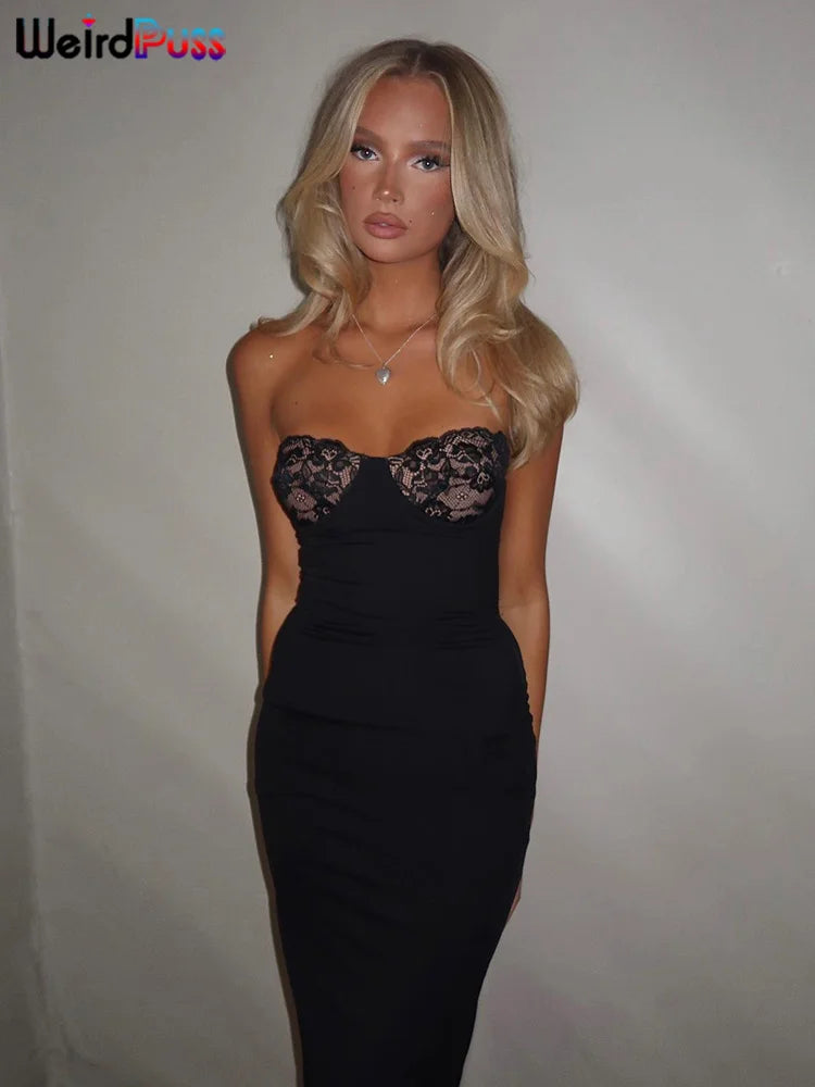 Weird Puss Sexy Camis Dress Women Skinny Patchwork Chest Summer Elegant Skinny Elastic Stretch Maxi Bodycon Clubwear Vestidos