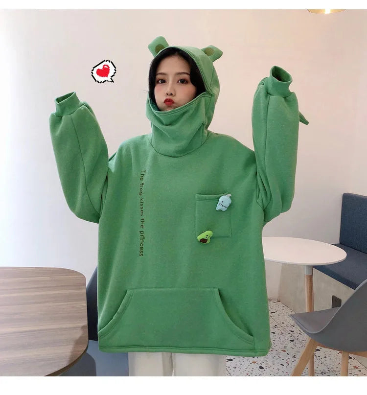 Unisex Frog Zipper Hoodie Fleece Lined Springtime Embroidery oversized Sweatshirt Harajuku Warm Pullover Korean Style Dropship