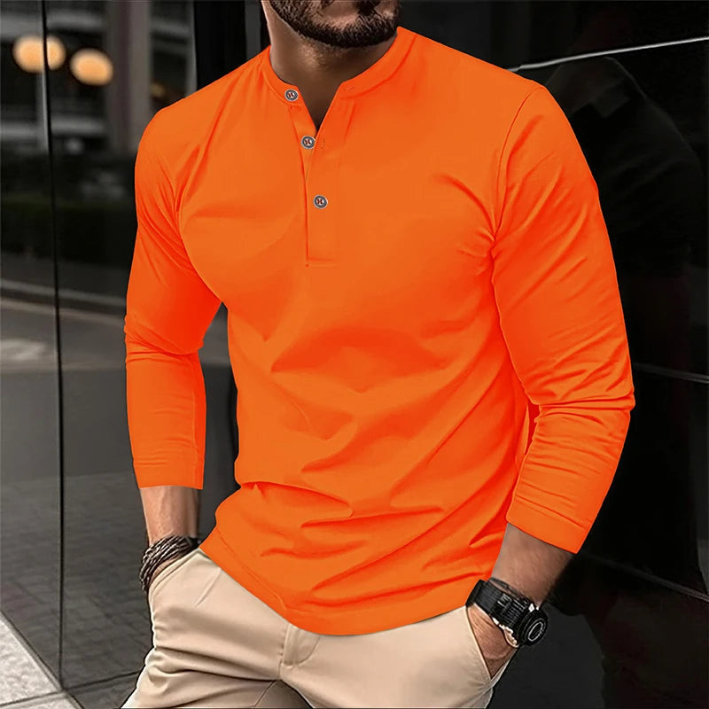 2025 Men's Summer Long Sleeve Henry Polo Casual Breathable Comfortable Polo Shirt Solid High Quality Male T-Shirt Dropshipping Viralgem Store