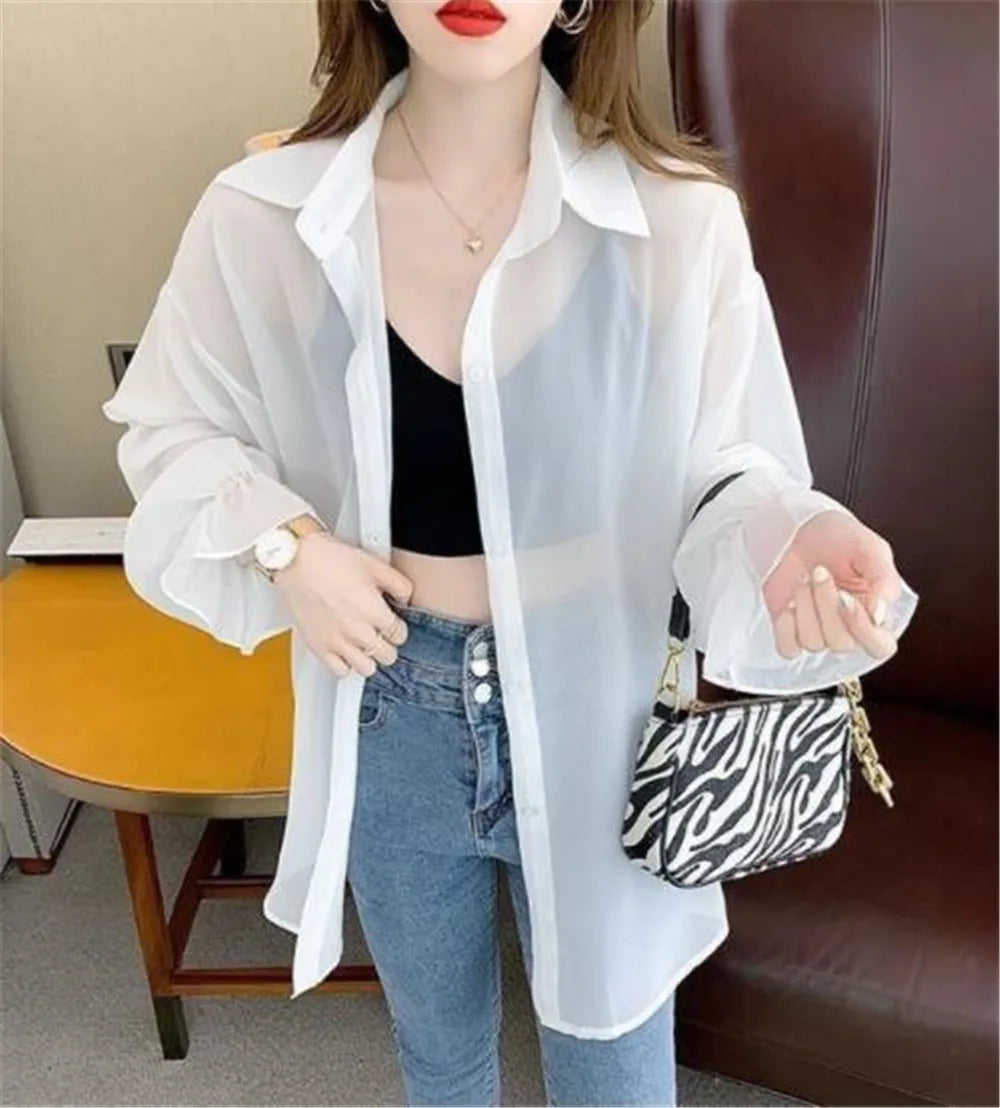 2023 Summer New Thin Women's Sun Protection Jacket Loose Long Sleeves Medium Long Chiffon Shirt Fashion Style Purple Female Tops