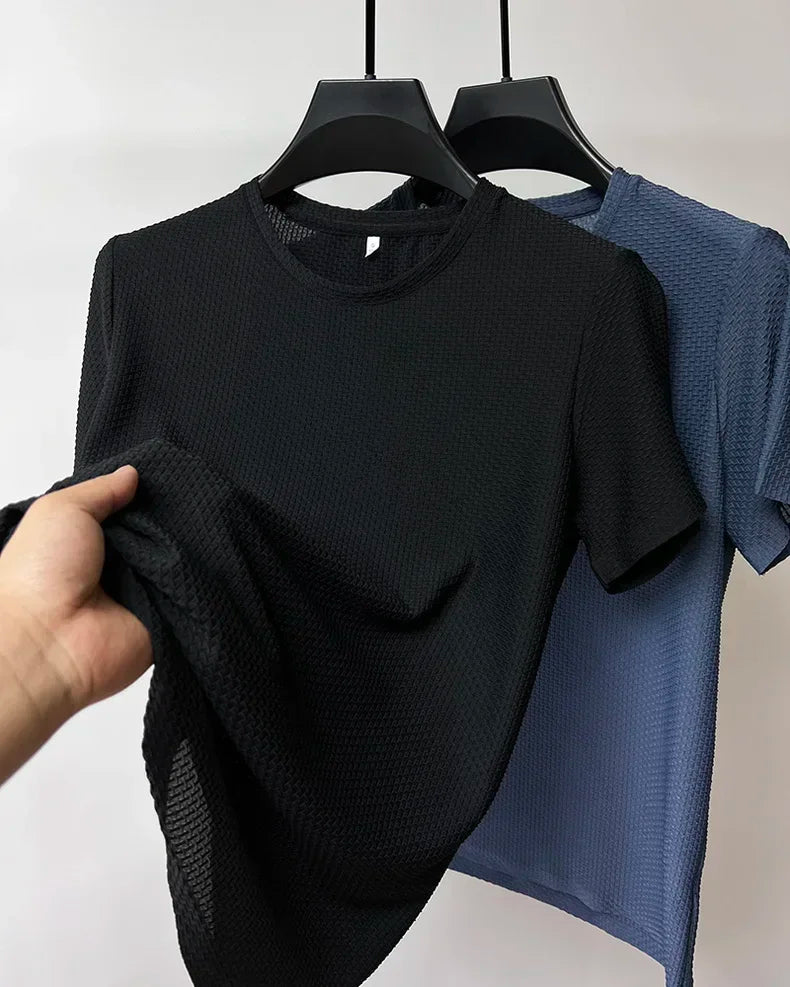 Summer Ice Silk High-End Solid Color High Quality Short Sleeve T Shirts Men's Breathable Fashion T-Shirt Male Brand Clothes 4XL