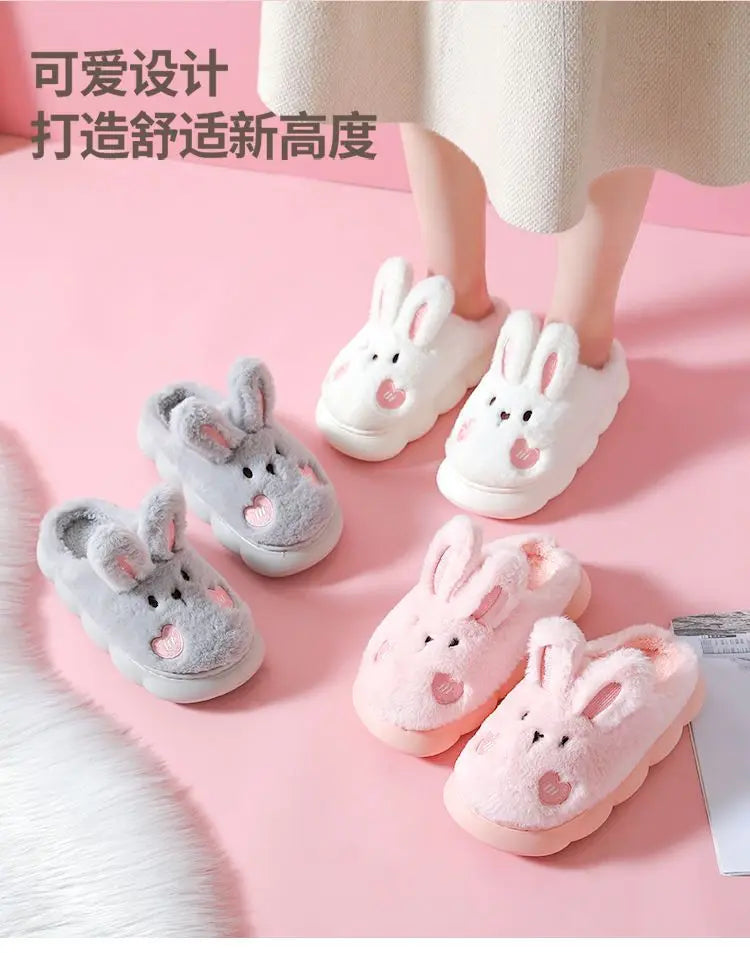 8 cm High platform fur slippers women's winter fluffy ear home shoes woman white bunny rabbit slippers woman house clog shoes