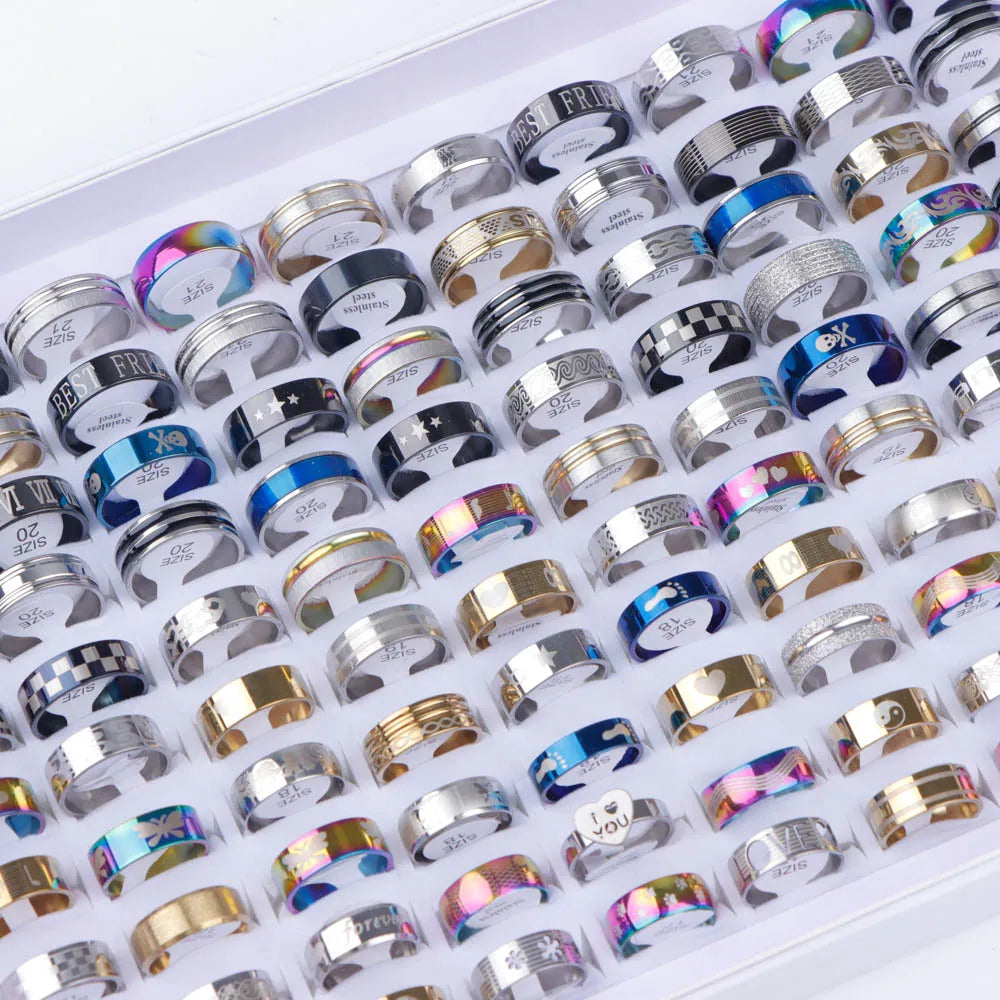 10/20/30/50Pcs Classic Fashion Stripe Hollow Colorful Sticker Stainless Steel Ring Trend Women Jewelry Party Decoration Gift