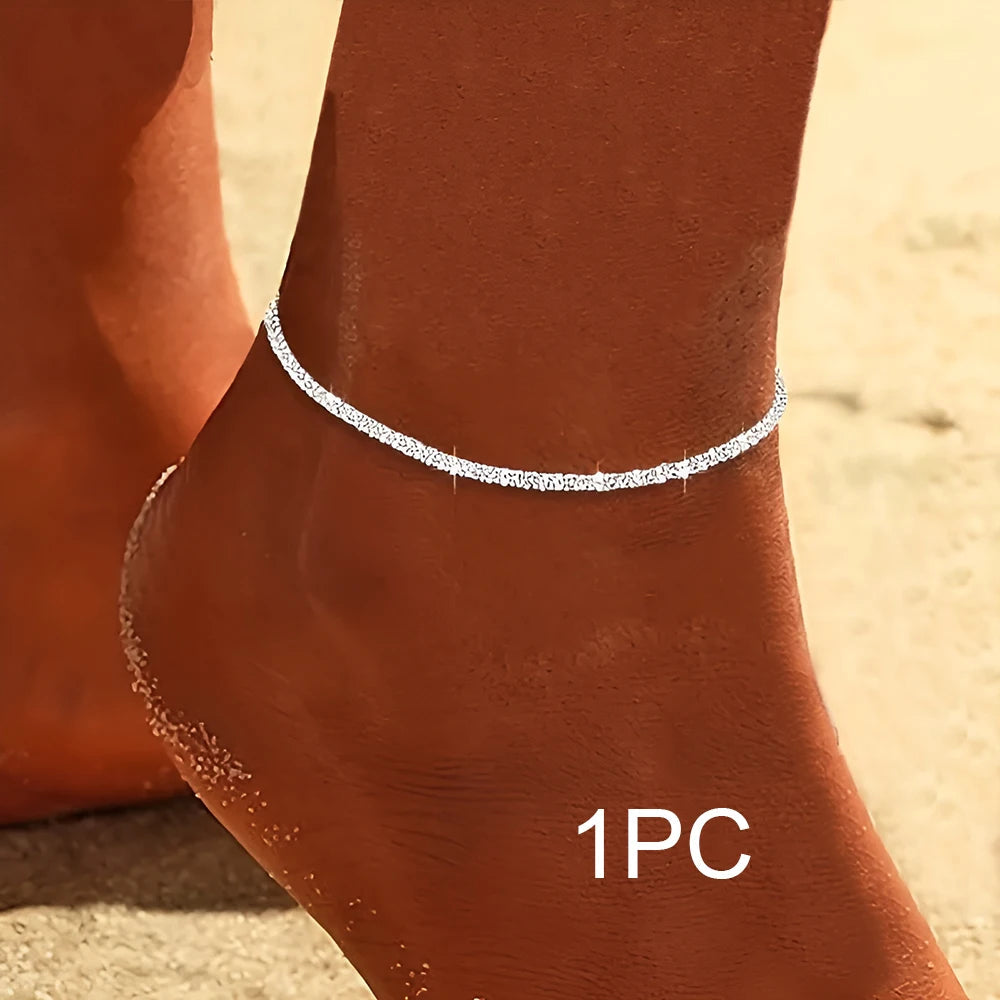 2PCS Shiny Sparkling Simple Silver Color Anklet for Women Simple Elegant Copper Jewelry Female Beach Ankle Bracelet on Foot Viralgem Store