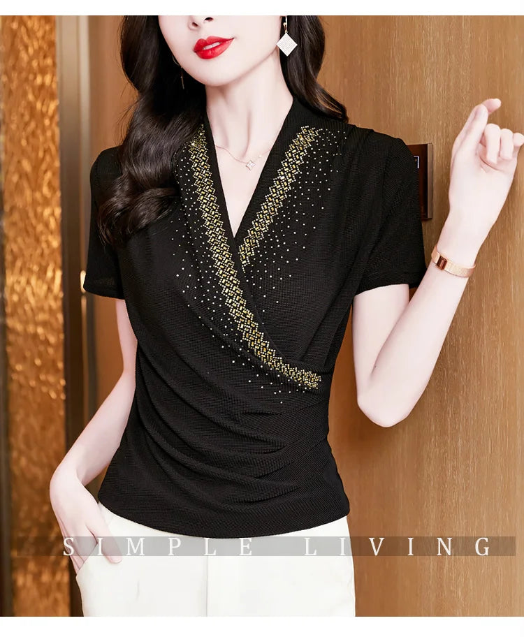 Summer Women's Short Sleeve T-shirt V-neck Korean Version Fashion Tops Female Shinning Ringstones Mesh Slim T Shirt