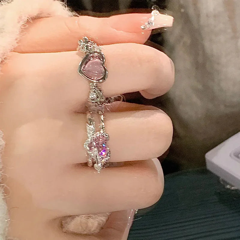 Adjustable Crystal Rings Y2K Pink Irregular Geometry Vintage Bowknot Heart Ring Set for Women Girl 2023 New Fashion Jewelry Gift Viralgem Store