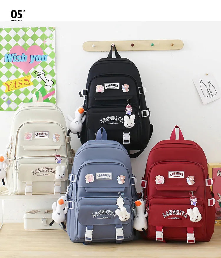 5-piece Set of Free Pendants Forest Style Korean Version Casual Harajuku Student Backpack for High School Girls Large Capacity Viralgem Store
