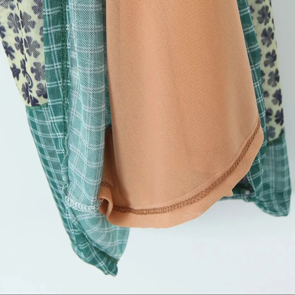 2024 Sexy Ruched Square Collar Contrast Color Plaid Flower Print Sleeveless Mini Mesh Dress Women Packages Hips A-line Tank Robe