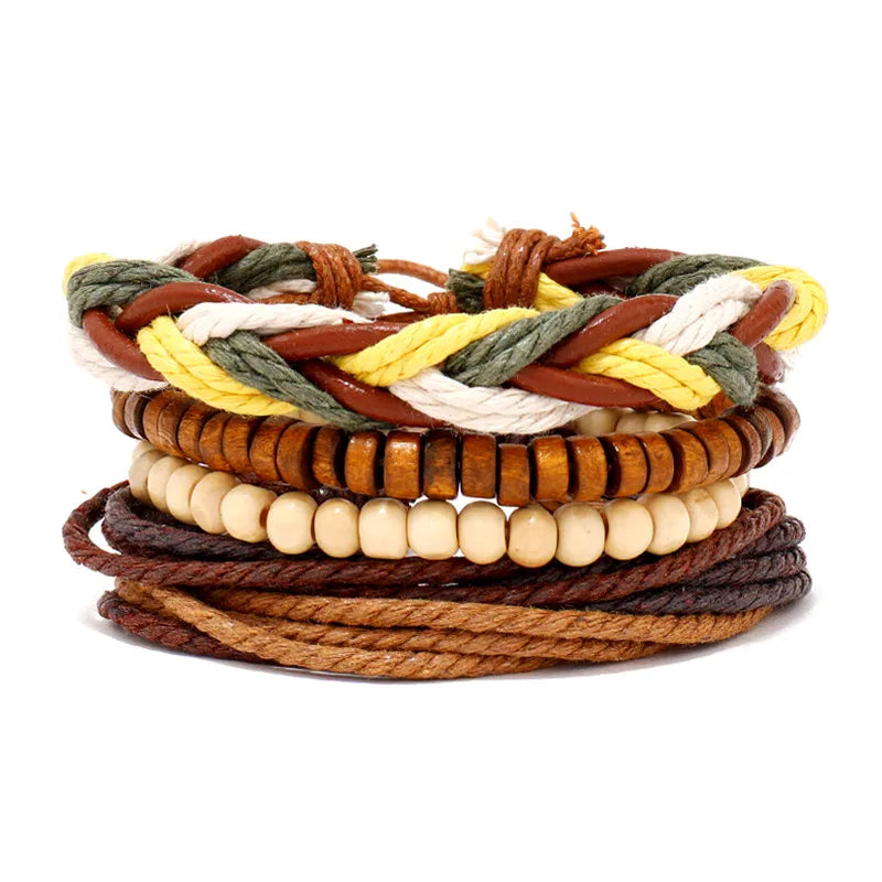 4Pcs/ Set Braided Wrap Leather Bracelets for Men Vintage Life Tree Rudder Charm Wood Beads Ethnic Tribal Wristband Rope Bracelet