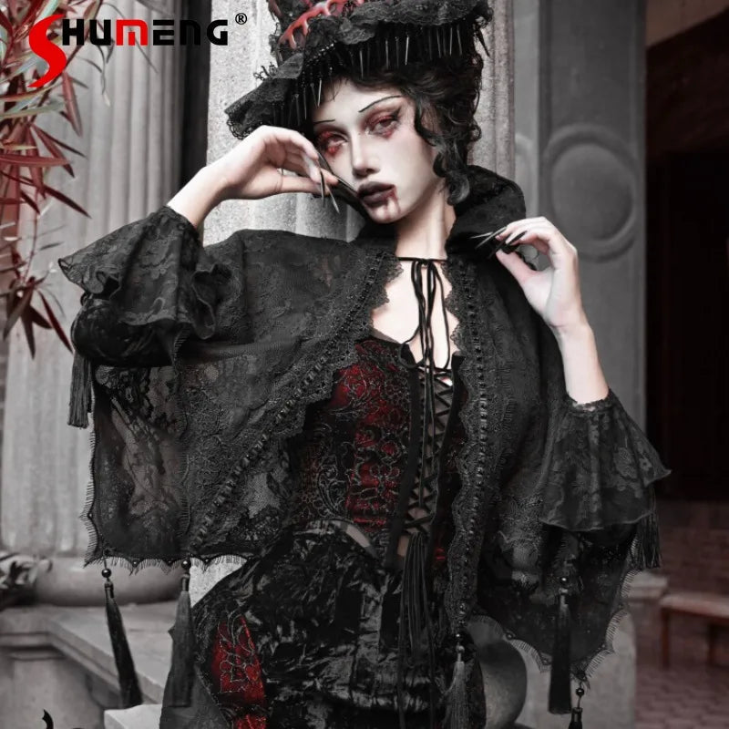 2024 Autumn Winter Halloween Chic Lace-Up Wrap Women's Clothes New Dark Style Goth Lace Cape Shawl Jacket Apparel Accessories Viralgem Store