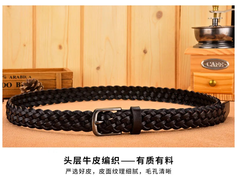 2023 Women Casual Luxury New Style Width 2.5cm  Woven Belt Needle Buckle Real Leather Head Layer Cowhide Handmade Decorative