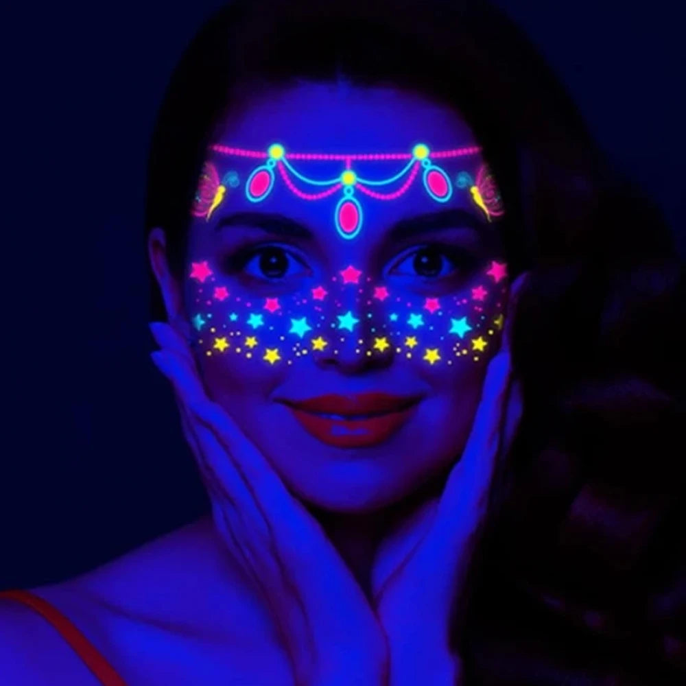 1Pcs Halloween Fluorescent Face Stickers 12-Styles Feather/Flowers/ButterflyDesign Tattoo Sticker Waterproof Glowing Face Decals Viralgem Store