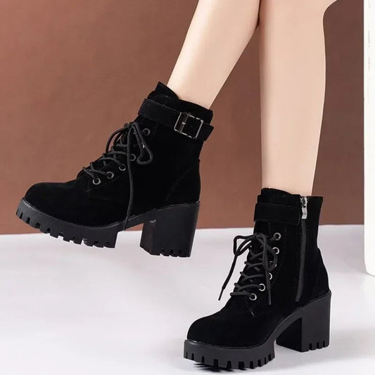 2024 New Winter  High Heeled Women Boots Cross Straps Short Boots Comfortable Waterproof Boots Warm Plus Size 42 Botas Femininas Viralgem Store